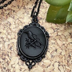 Black Crow Raven Bird Goth Poe Rockabilly Punk Antique Necklace CAMEO Steampunk